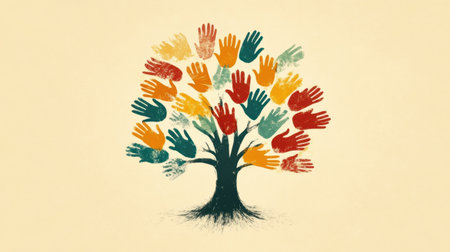 A tree made of different colored handprints symbolizing unity in diversity and teamworkの素材