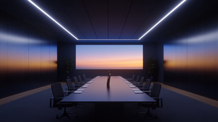 Business goals presentation projected on screen in empty conference roomの素材