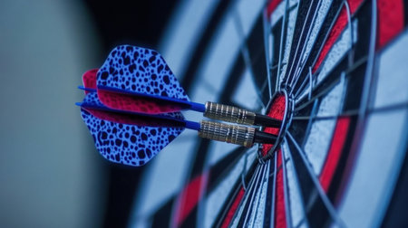 Business success metaphor featuring a dart hitting the bullseye on a printed target chartの素材