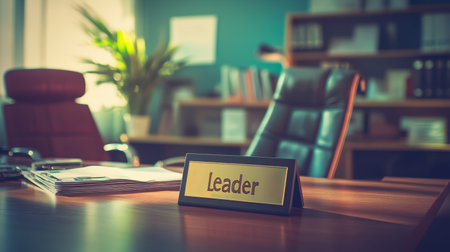 Executive desk with Team Leader plaque and files arranged for strategy sessionの素材