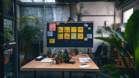 Meeting space with agile board and charts outlining project goals and task breakdownの素材