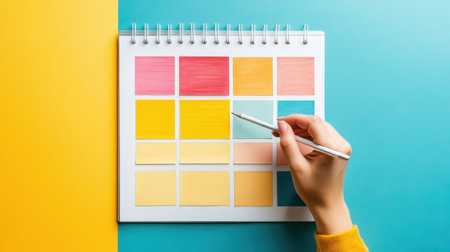 Dry-erase calendar with color-coded team assignments and delivery deadlinesの素材