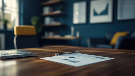 Modern office desk with investor pitch plan and supporting financial graphsの素材