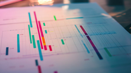 Gantt chart timeline printed on paper next to strategy meeting notes and plannerの素材