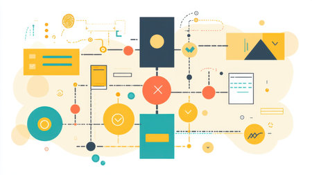 Flowchart with interconnected parts, representing teamwork in a successful project workflowの素材