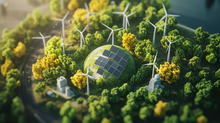 D illustration of Earth surrounded by renewable energy sources like wind, solar, and hydroの素材