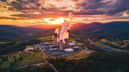 Aerial view of a coal power plant with cooling towers releasing steam under a cloudy skyの素材