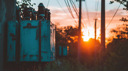 Close-up of high-voltage transformers within a power plant compoundの素材