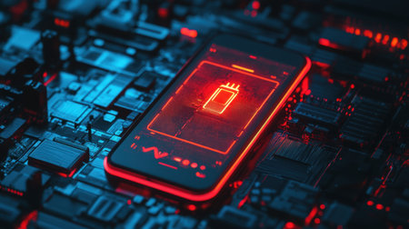 Battery icon on digital screen showing full charge using solar inputの素材