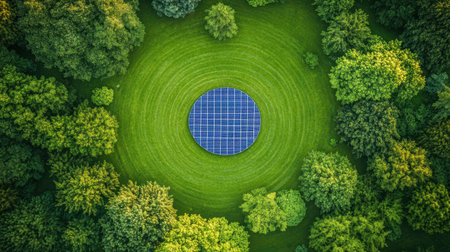 Birds-eye view of a circular solar panel array in modern architectureの素材