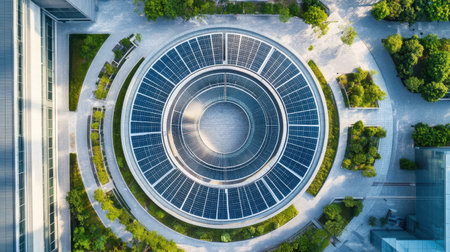 Birds-eye view of a circular solar panel array in modern architectureの素材