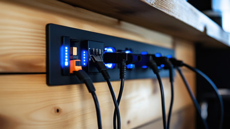 Close-up of USB chargers and adapters plugged into a smart multi-outlet extensionの素材