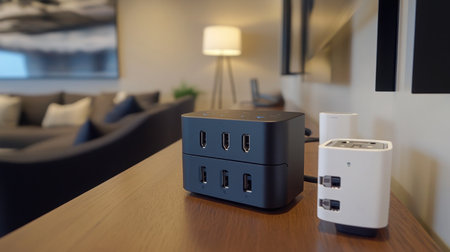 Close-up of USB chargers and adapters plugged into a smart multi-outlet extensionの素材