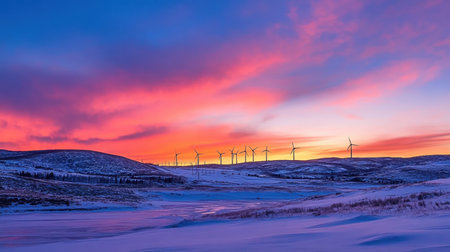 Colorful sunrise over a frozen landscape dotted with turbinesの素材