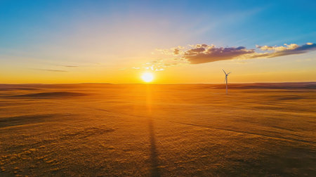 Drone shot of wind turbine casting long shadow at sunset over golden fieldの素材