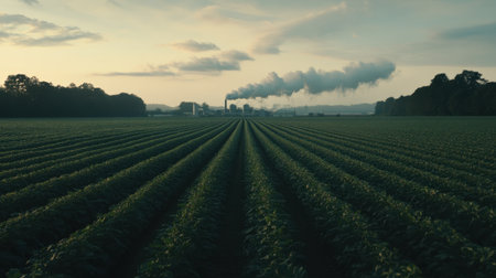 Bioenergy plant surrounded by agricultural crops, converting waste to energyの素材