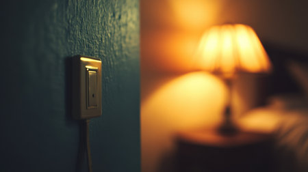 Close-up of dimmer switch controlling ambient lighting in a calm bedroomの素材