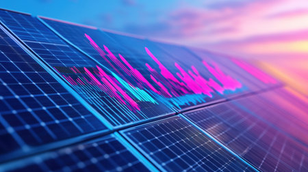 Digital display of clean energy production statistics over solar panel imageの素材