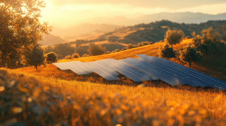 Dusty field solar panels receiving sunlight during dry seasonの素材