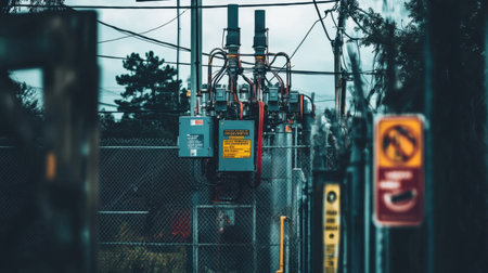 Electrical substation filled with transformers, wires, and warning signs, surrounded by fencingの素材