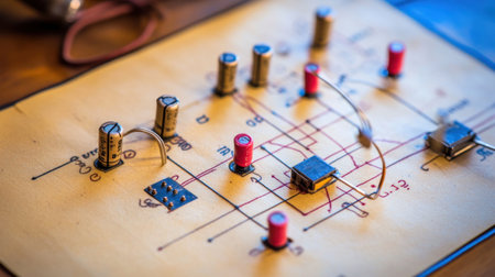 Electric circuit schematic drawn neatly on graph paper with wires and resistorsの素材