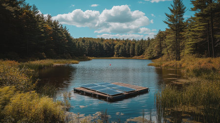 Floating solar panels on a calm reservoir surrounded by forestの素材