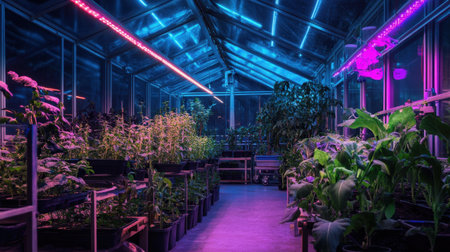 Greenhouse lit by solar-powered LEDs in eco-farming environmentの素材