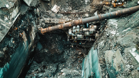 Geothermal power station with pipes and machinery emerging from the earthの素材