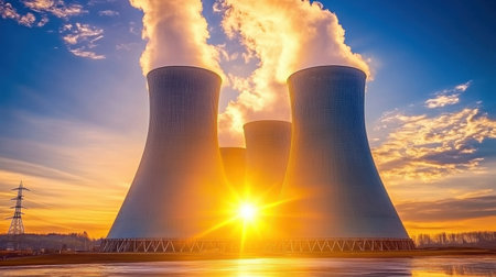 Industrial energy plant with steam rising from cooling towers under sunset skyの素材