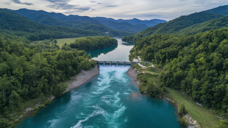 Hydroelectric dam releasing water into a river surrounded by forested hillsの素材