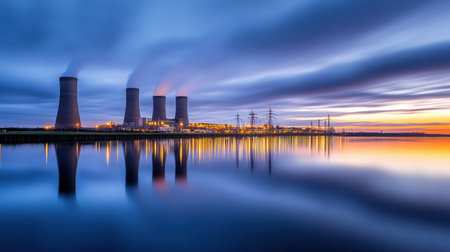 Long exposure of a power station at dusk with soft lights and steamの素材