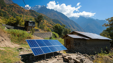 Off-grid solar power system in a remote mountain location, surrounded by natureの素材