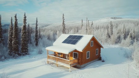 Off-grid cabin in snowy terrain with tilted solar panels on roofの素材