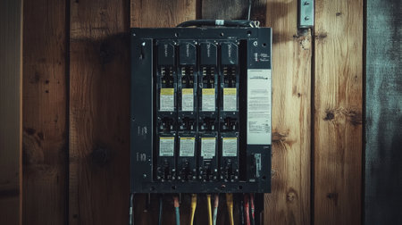 Modern apartment electrical cabinet with clearly labeled fuses and breakersの素材
