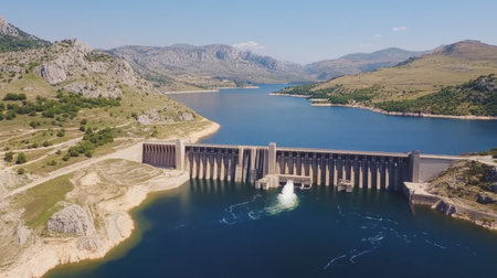 Hydro-power dam with flowing water providing renewable electricity for the regionの素材