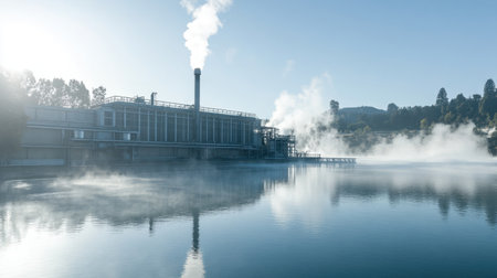 Geothermal power station surrounded by natural landscape emitting controlled steamの素材