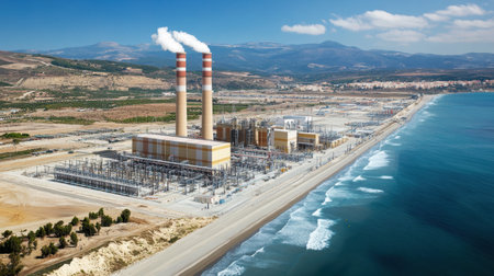 Modern combined-cycle gas power station with advanced cooling towersの素材