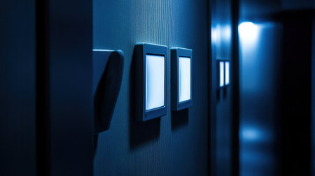Light switches labeled with reminders to save power in an office hallwayの素材