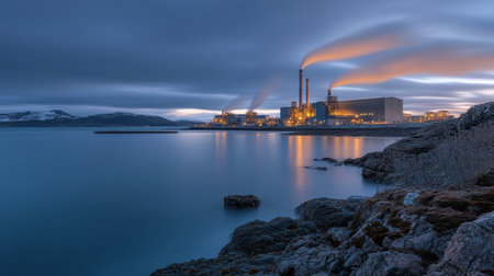 Long exposure of a power station at dusk with soft lights and steamの素材