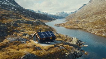Off-grid solar power system in a remote mountain location, surrounded by natureの素材