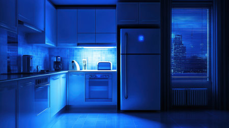 Smart refrigerator door with eco settings glowing faintly in a dark kitchenの素材