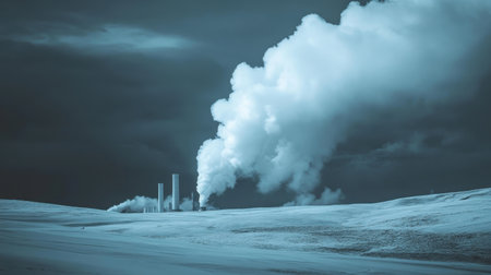 Plume of steam rising into storm clouds from a nuclear facilityの素材