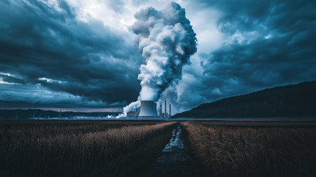 Plume of steam rising into storm clouds from a nuclear facilityの素材