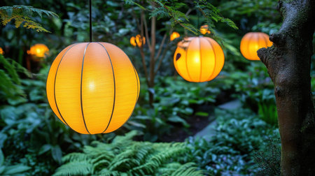 Solar-powered lanterns providing green lighting in an eco-friendly outdoor gardenの素材