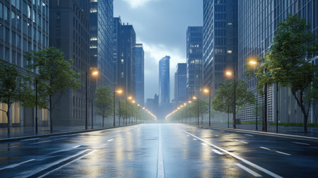 Solar-powered streetlights lining a modern eco-friendly urban streetの素材