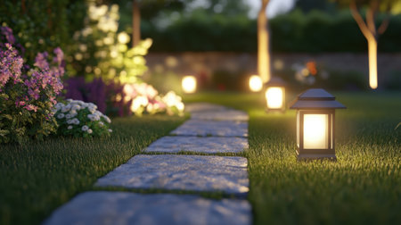 Solar-powered outdoor lights along a garden path at duskの素材