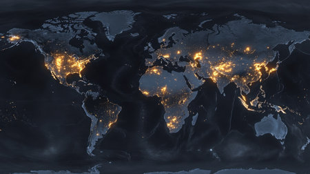 Satellite view of Earth at night showing energy use in major population centersの素材
