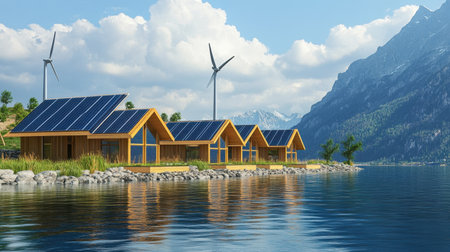 Solar panels and wind turbines integrated into an eco-village, producing green energy for all residentsの素材