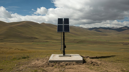 Remote communication tower powered by solar panels in isolated terrainの素材