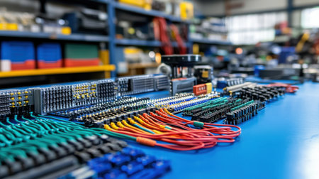 Set of colored electrical wires and terminal blocks arranged on a workshop tableの素材